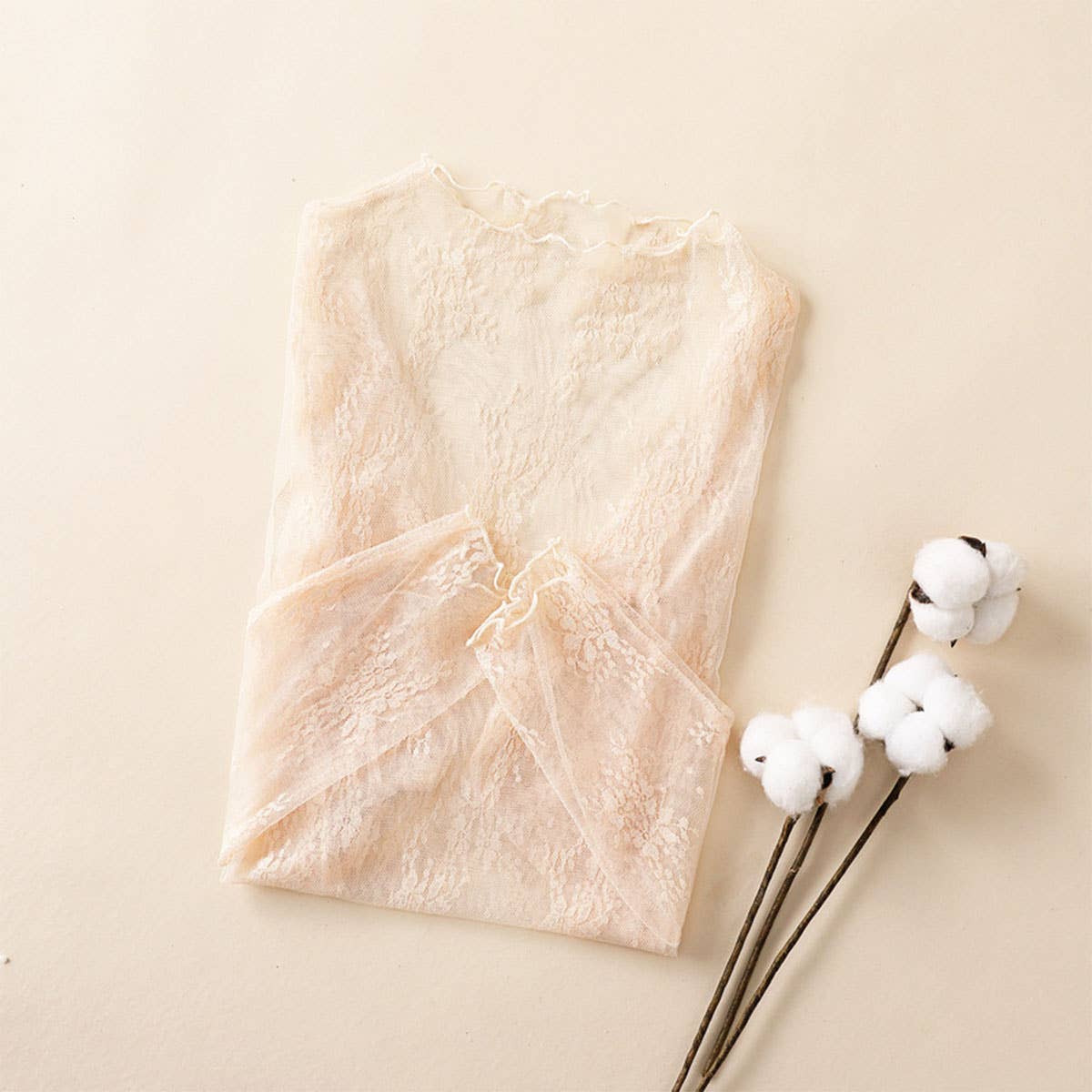 Sexy Mesh Blouse - Long Sleeve Lace Top for Women_CWTBLL3619: APRICOT / (L) 1