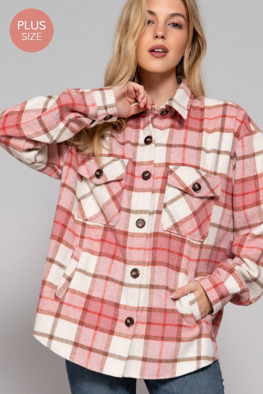 PLUS Wool Blend Plaid Button Down Jacket: Pink/Khaki