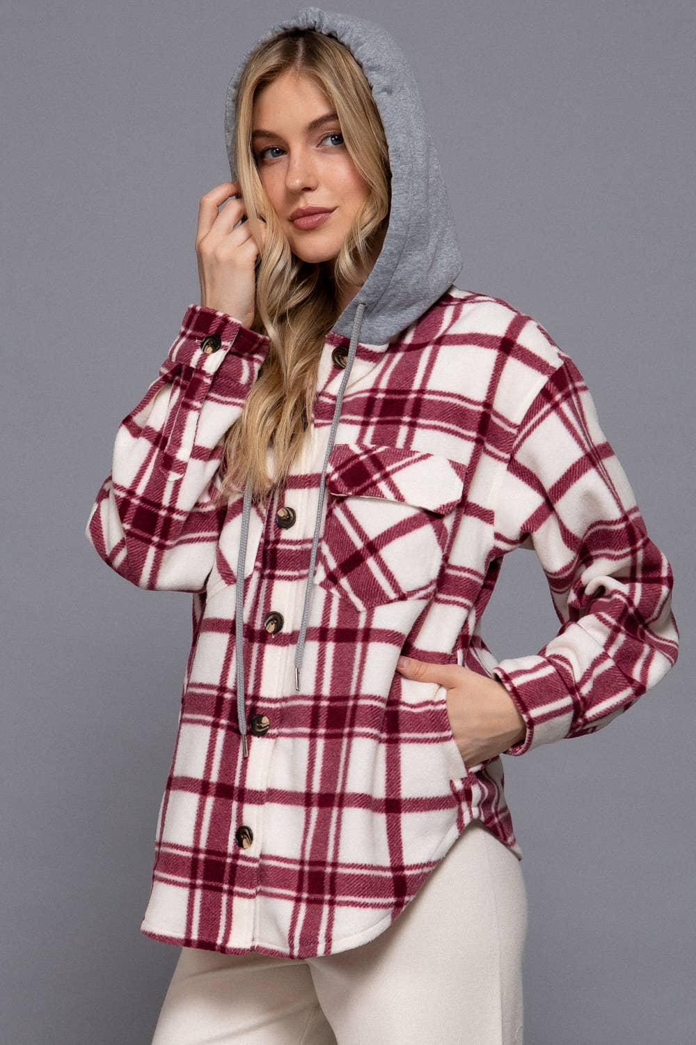 Taren Fleece Plaid Button Down W/Hood
