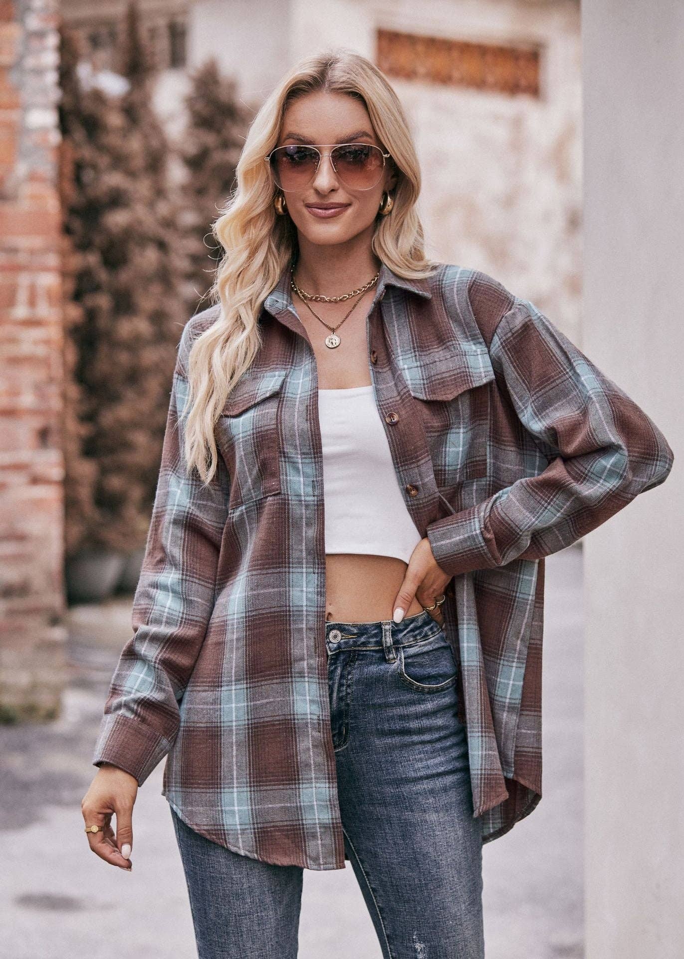 Women's Casual Fashion Oversized Loose Plaid Shirt: Caramel / 100%Polyester / XL