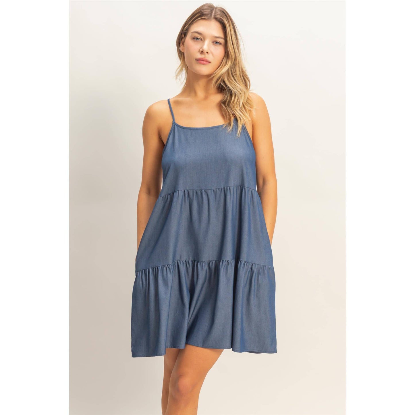 Laynie Tiered Spaghetti Strap Dress - Medium Wash Denim