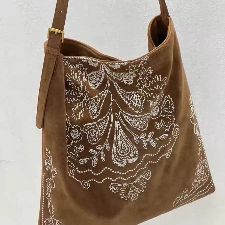 Bohemian Embroidered Velvet Tote: Light Camel Browm
