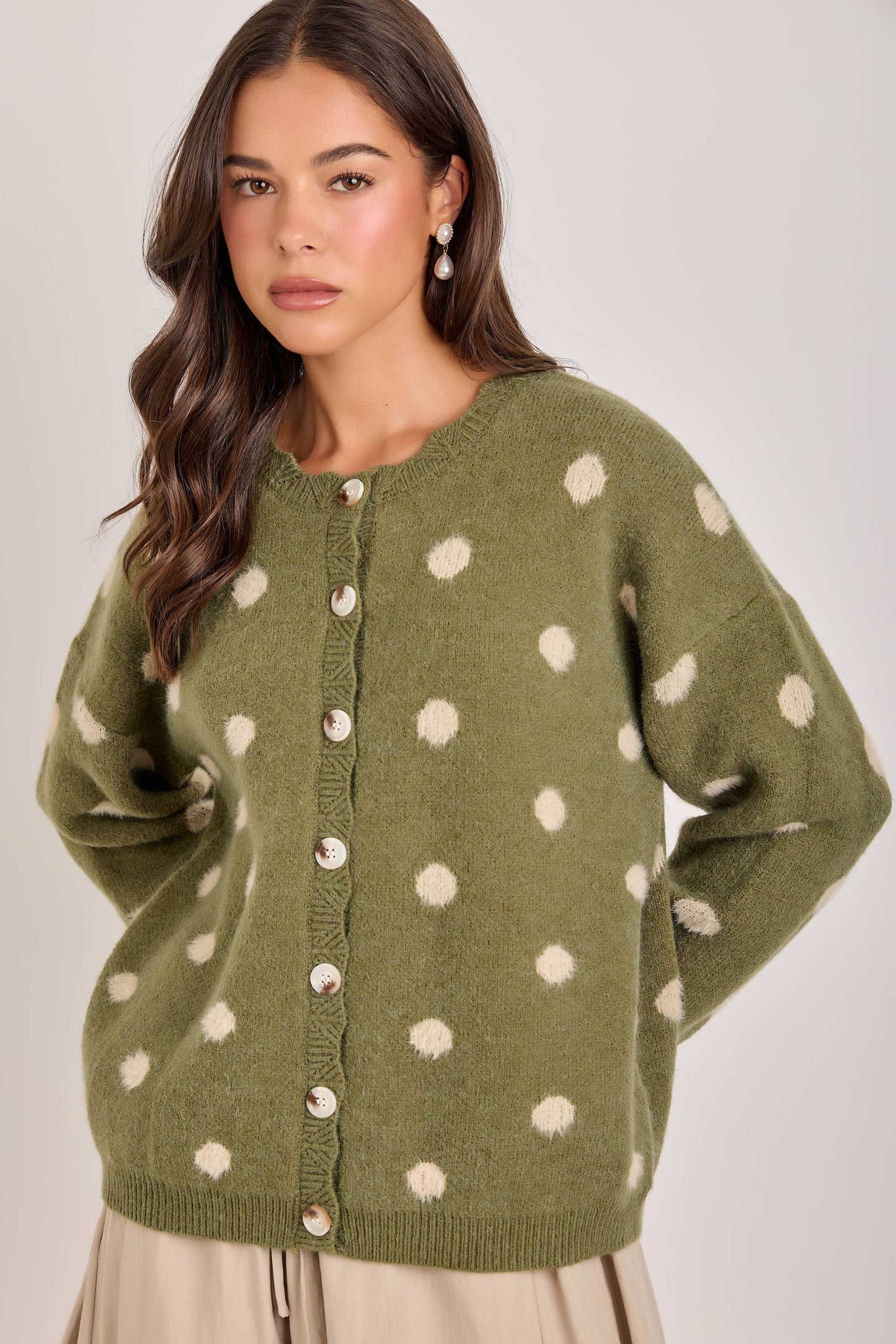 Chelsea Soft Polka Dot Sweater Cardigan: Olive/Oatmeal