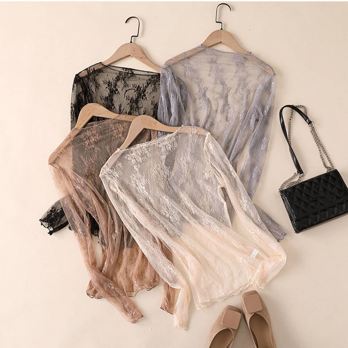 Sexy Mesh Blouse - Long Sleeve Lace Top for Women_CWTBLL3619: APRICOT / (L) 1