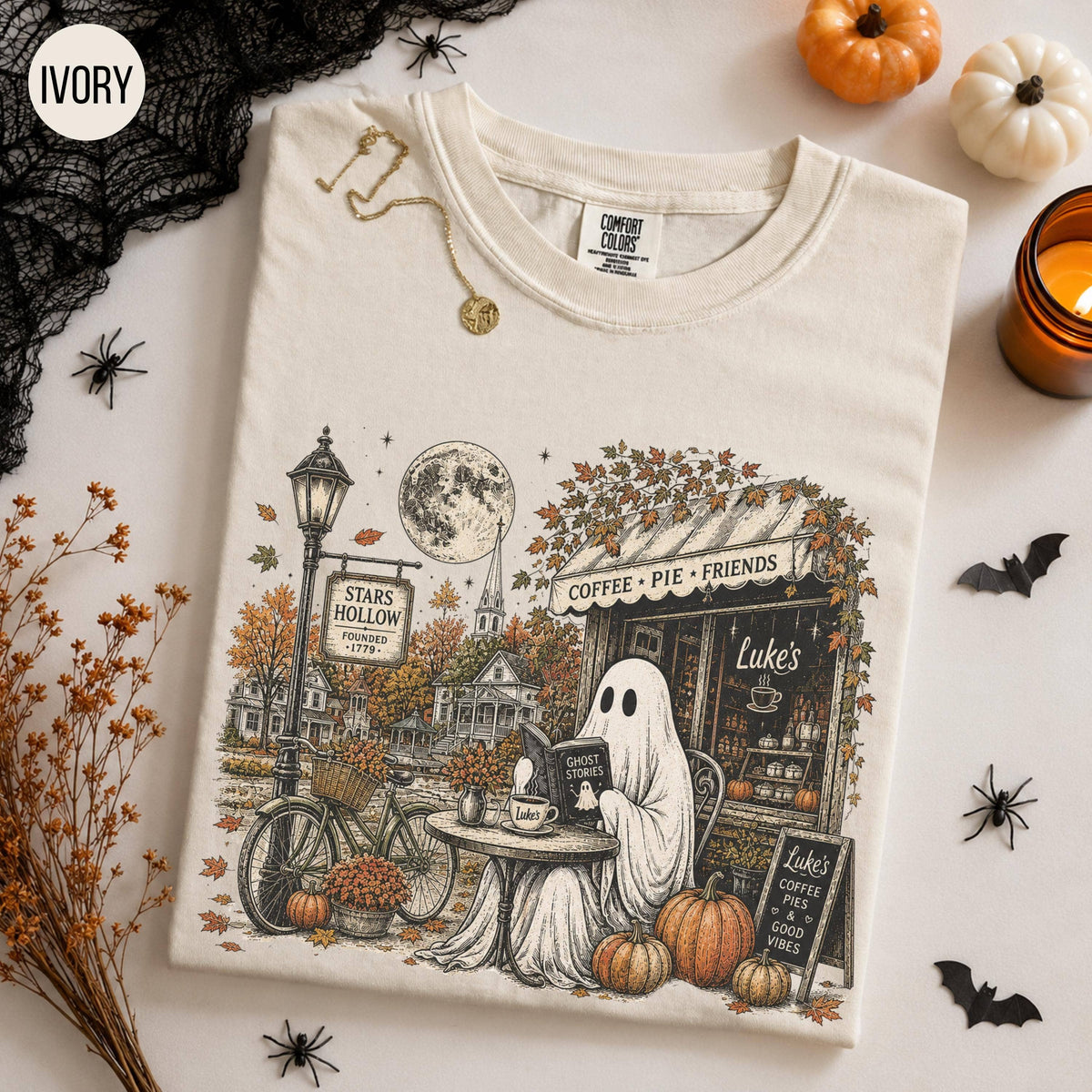 Comfort Colors Stars Hollow Ghost Shirt, Halloween Tee: Ivory / XL