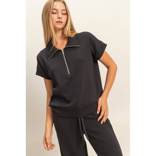 Casey Short Sleeve  Half-Zip Top: Black
