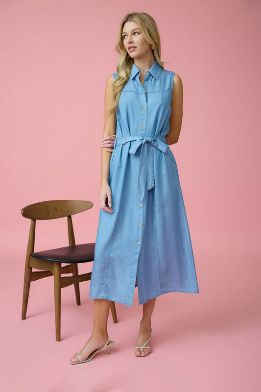 Kendra Belted Chambray Midi Dress