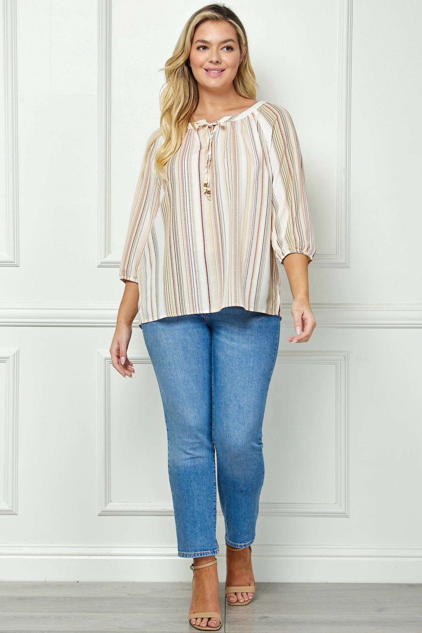Plus Selena 3/4 Sleeve Split Neck Top (1X/2X/3X)