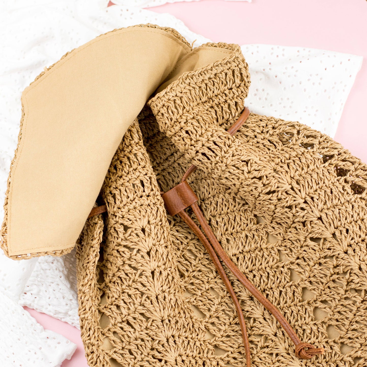 Woven Straw Backpack: Khaki