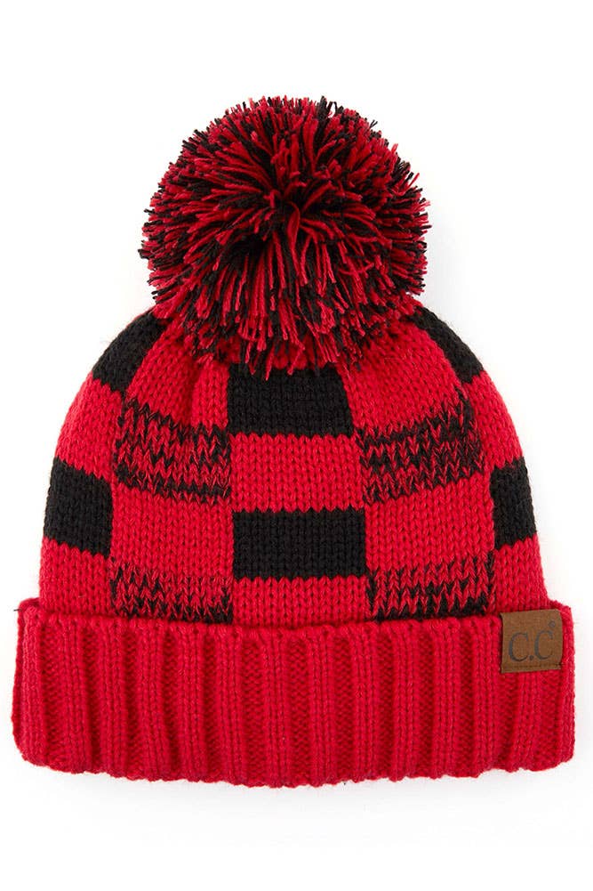 C.C Buffalo Check Team Color Beanie with Pom Winter Beanie: Red/Black
