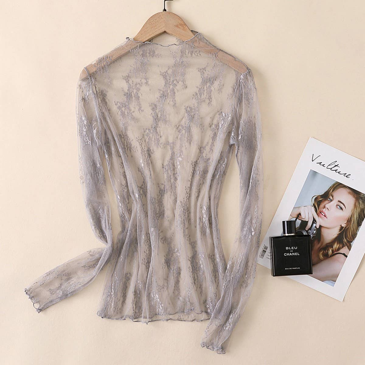 Sexy Mesh Blouse - Long Sleeve Lace Top for Women_CWTBLL3619: APRICOT / (M) 1