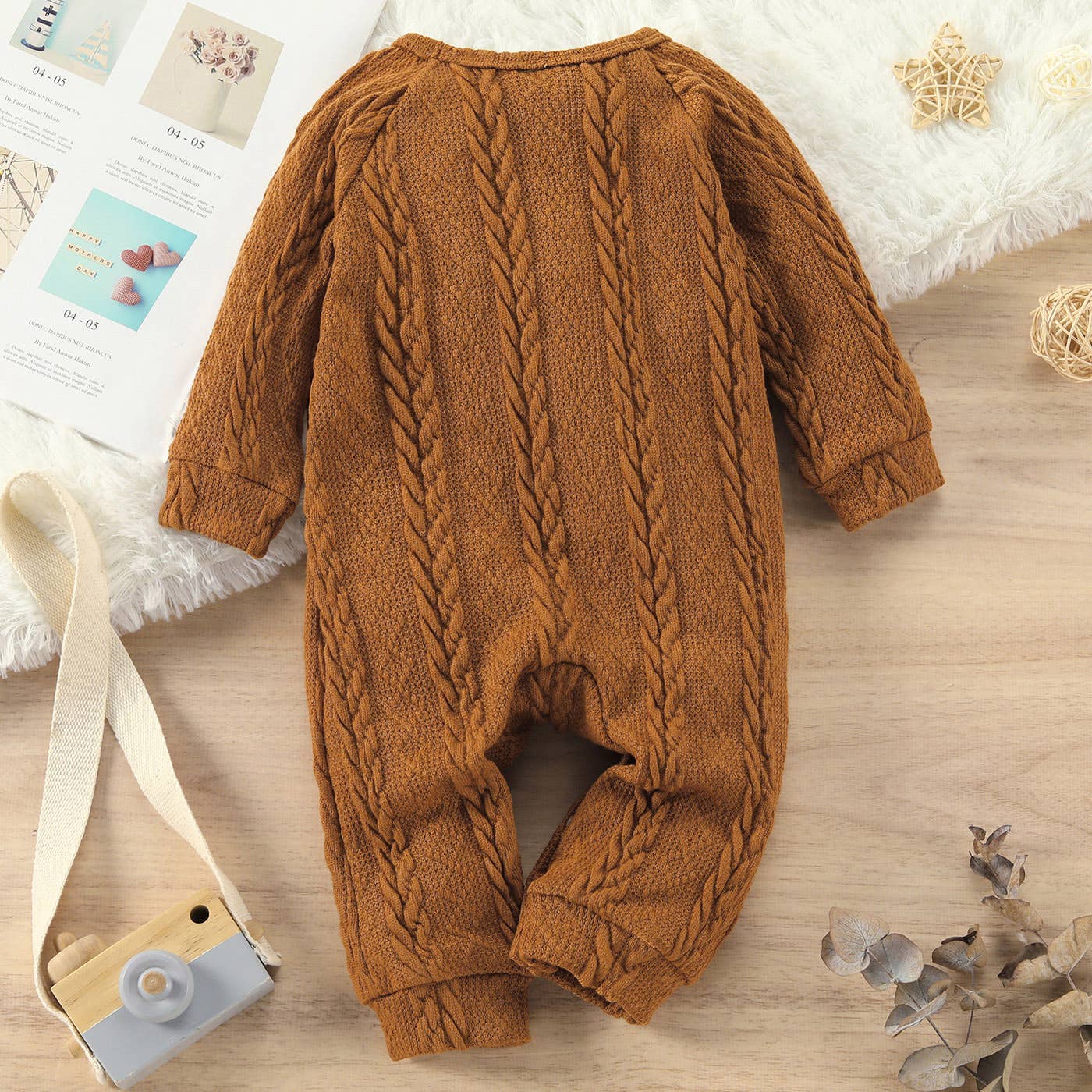 Baby Boy Solid Cable Knit Long-sleeve Jumpsuit: Brown / 6-9 Months