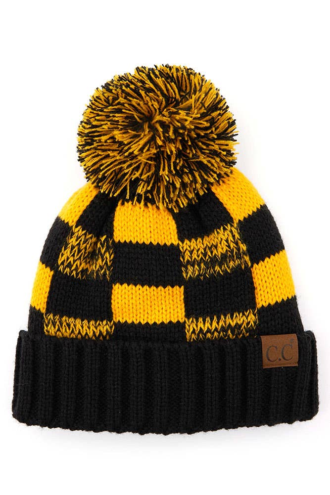 C.C Buffalo Check Team Color Beanie with Pom Winter Beanie: Red/Black