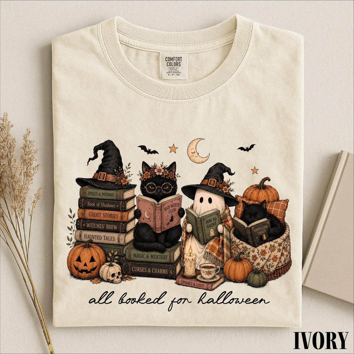 All Booked For Halloween Shirt, Funny Pumpkin Owl Book Shirt: Yam / XL
