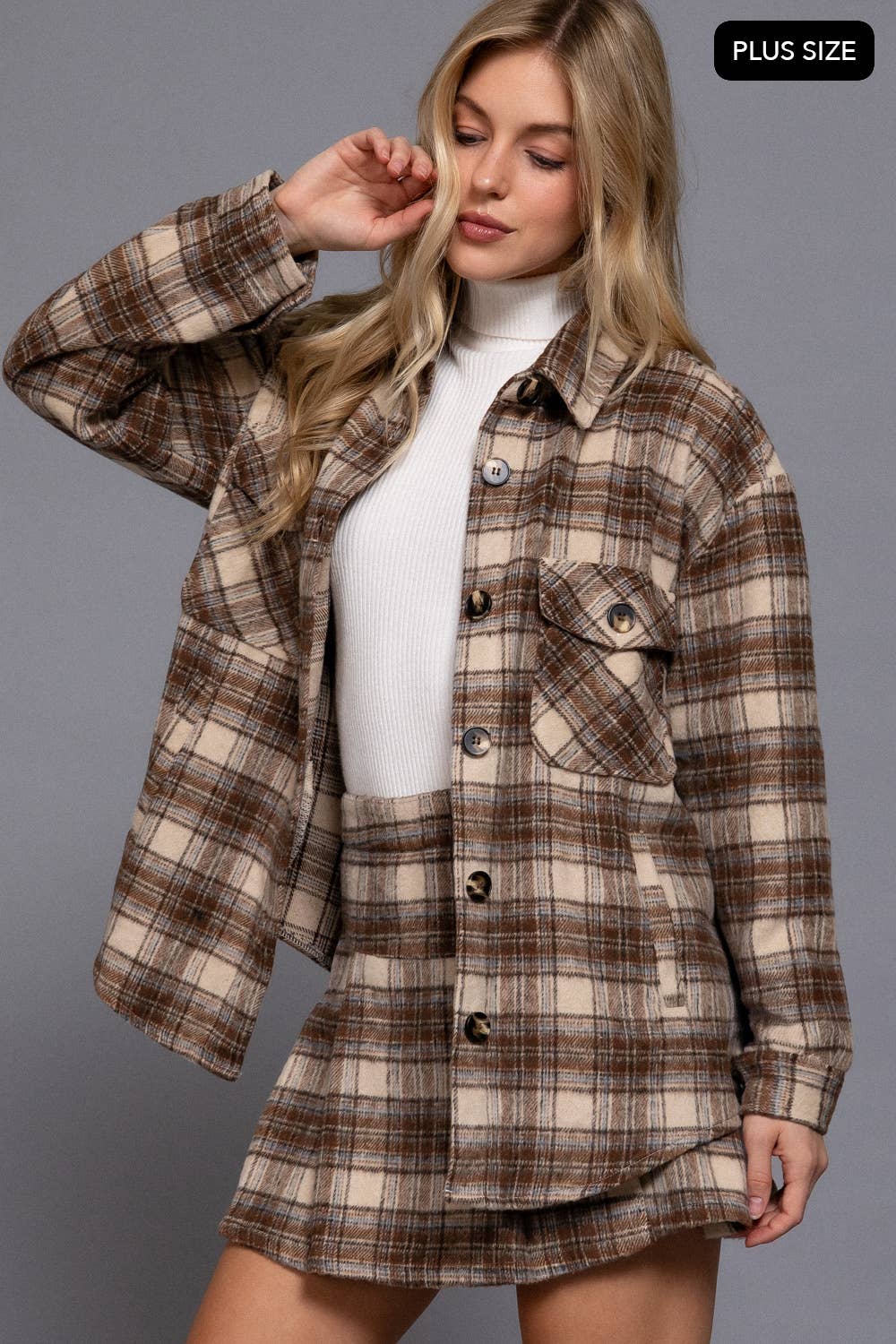 PLUS Wool Blend Plaid Button Down Jacket - Taupe/Chocolate