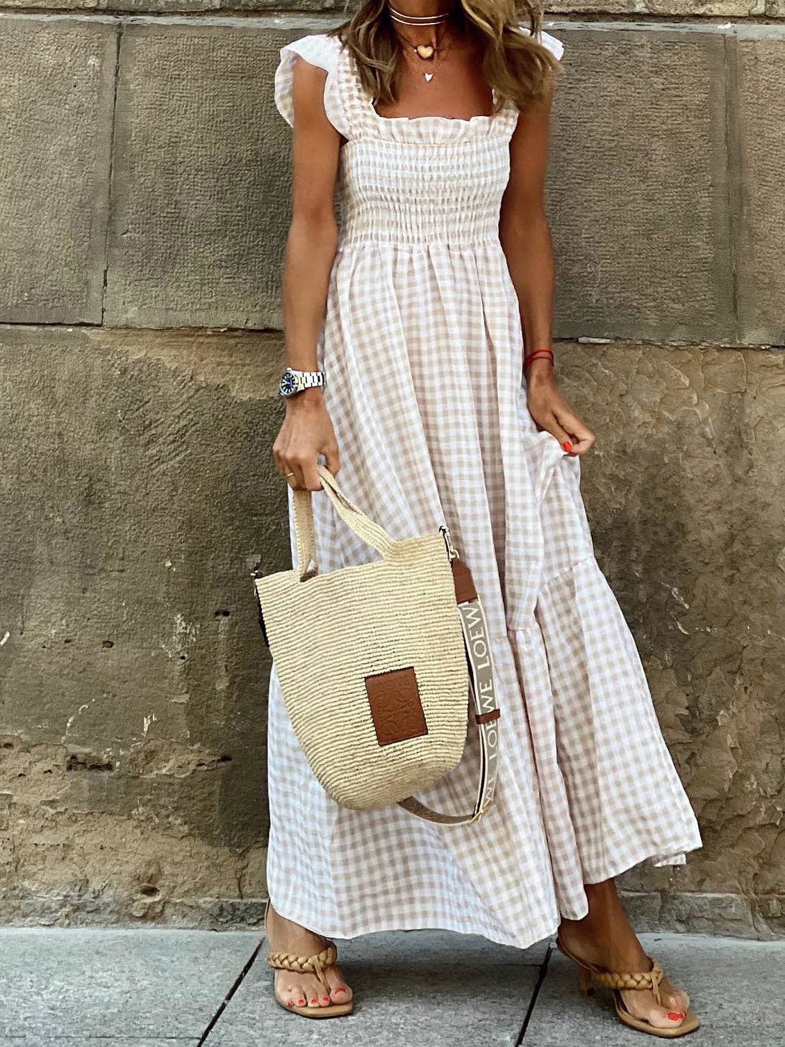 Aspen Gingham Smocked Maxi Dress - White