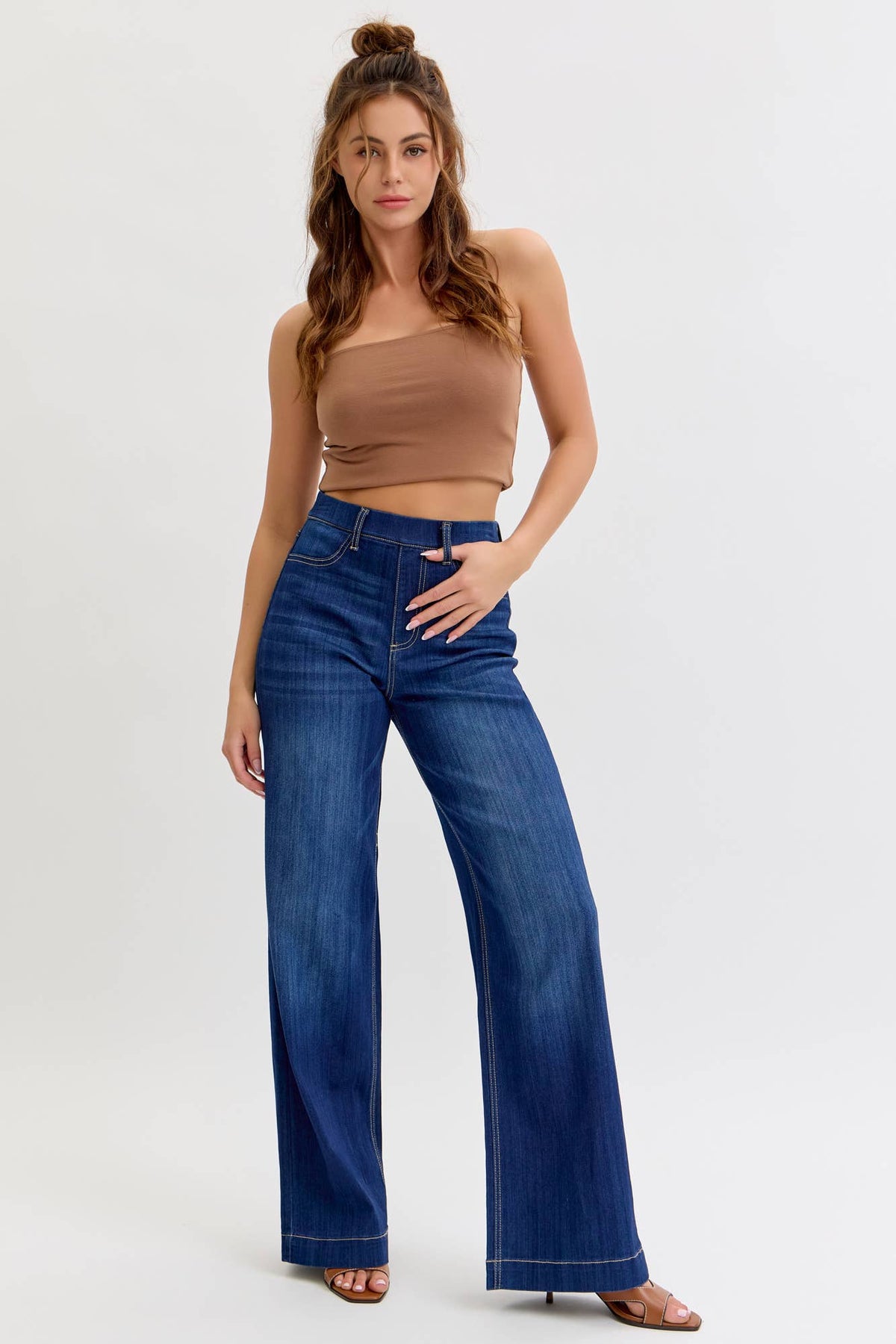 Cello Brand High Rise Pull-On Wide Leg Denim - Dark Wash