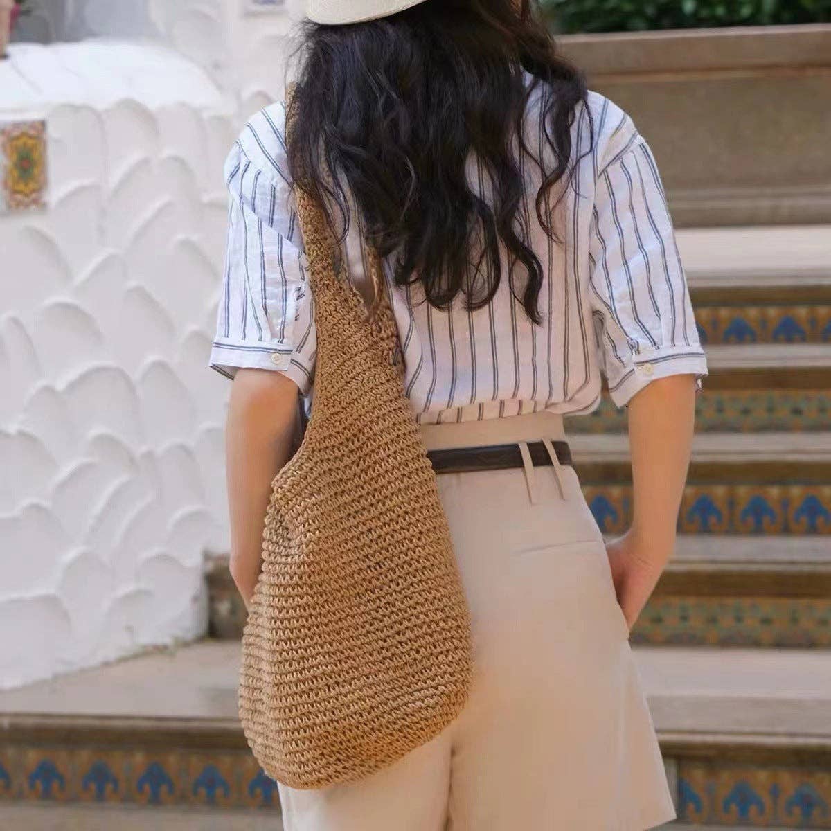 Casual Straw Beach Tote - Beige