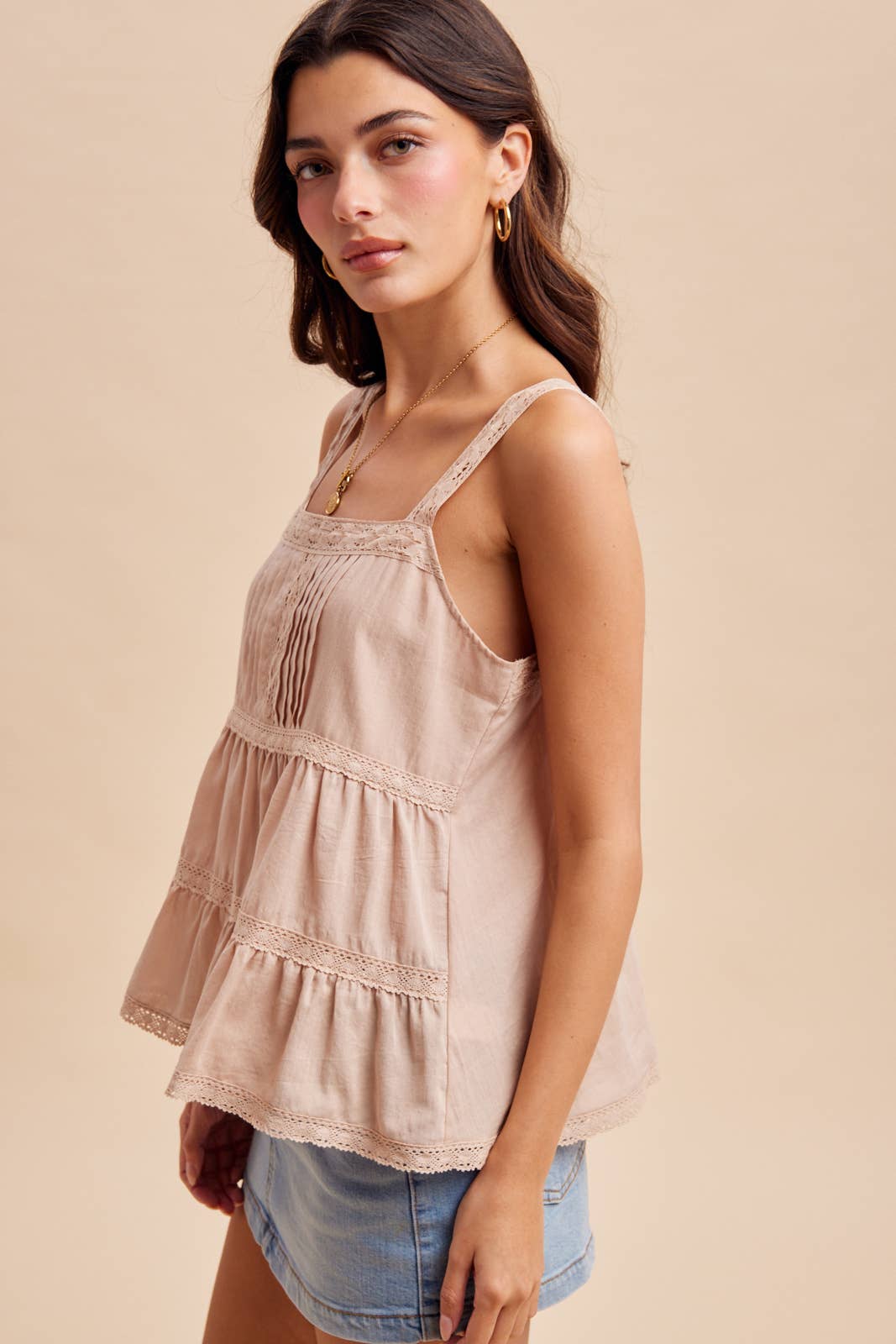 Kennedi Pintuck Lace Tank - Linen