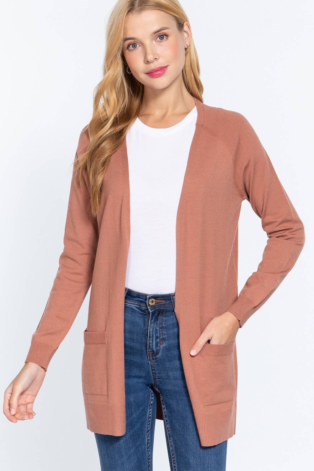 Long Raglan Sleeve with Pocket Open Sweater Cardigan: Brn-Cocoa Brown / L