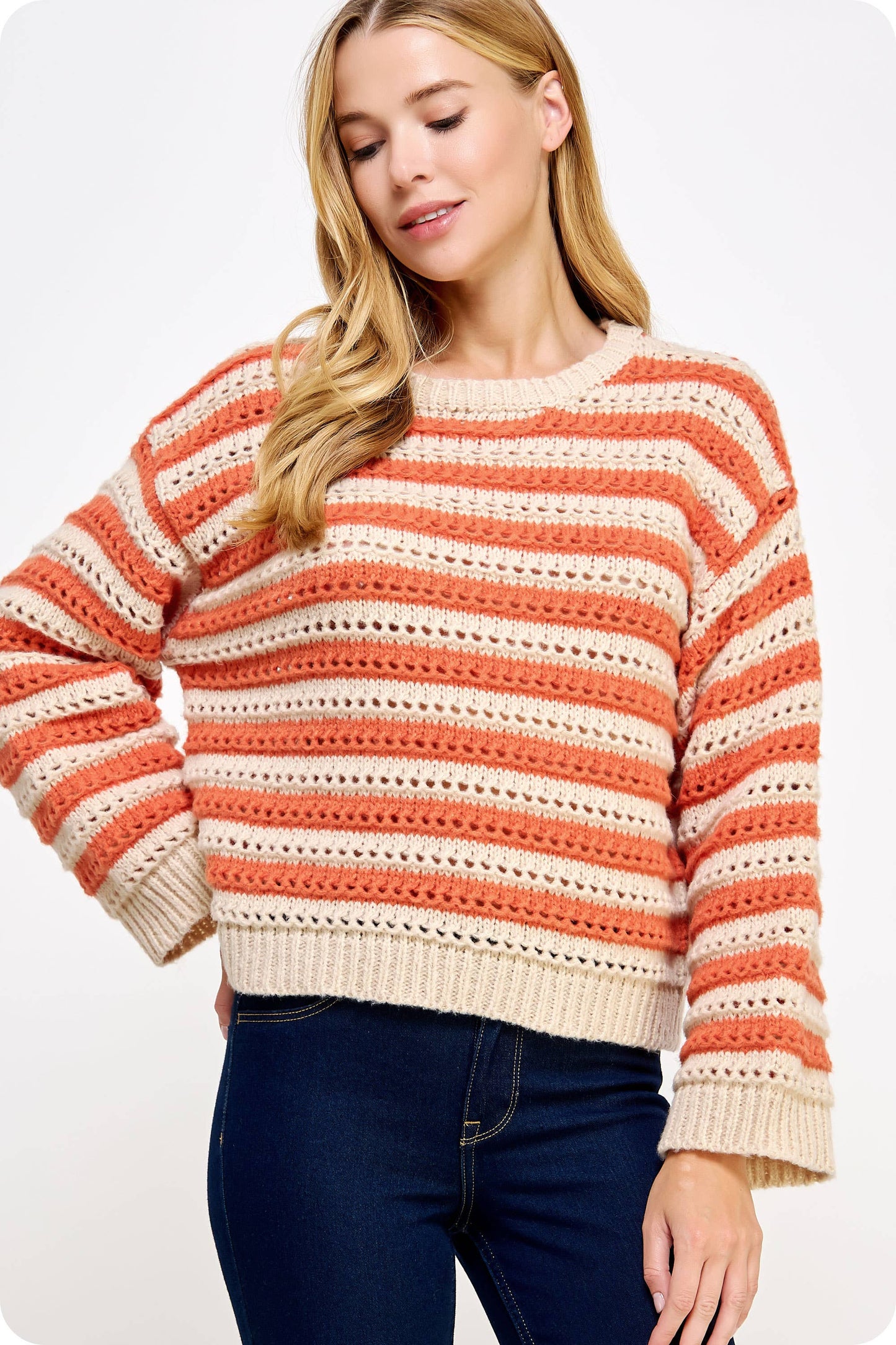 Sadie Striped Pointelle Knit Sweater - Orange/Taupe