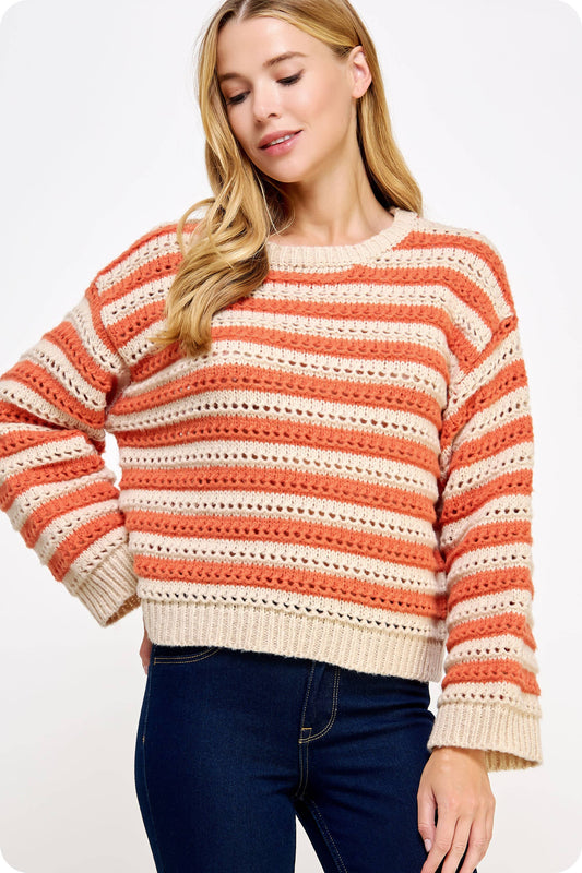 Sadie Striped Pointelle Knit Sweater - Orange/Taupe