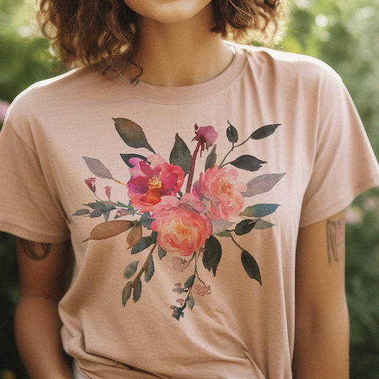 Romanic Florals Graphic Tee: Peach