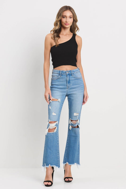 Jelly Brand High Rise Crop Flare with Knee Distress