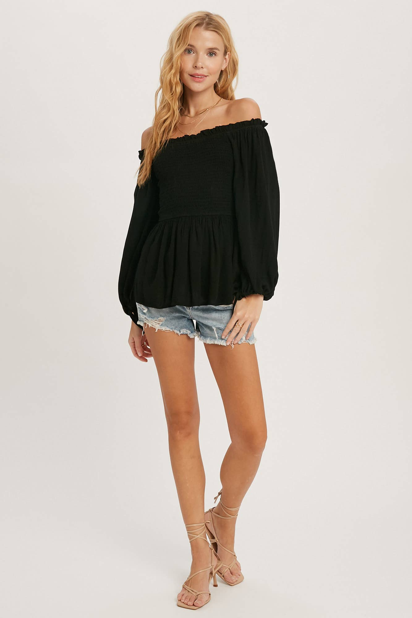 Ansley SMOCKED PEPLUM BLOUSE: BLACK / S