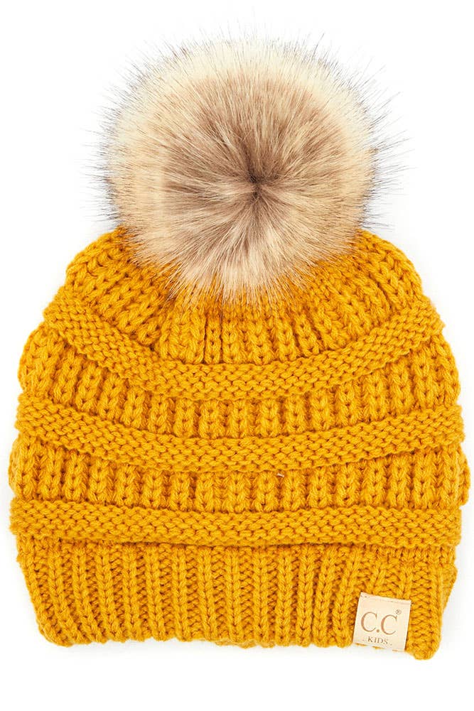 C.C Kids Solid Ribbed Beanie with Pom: Black