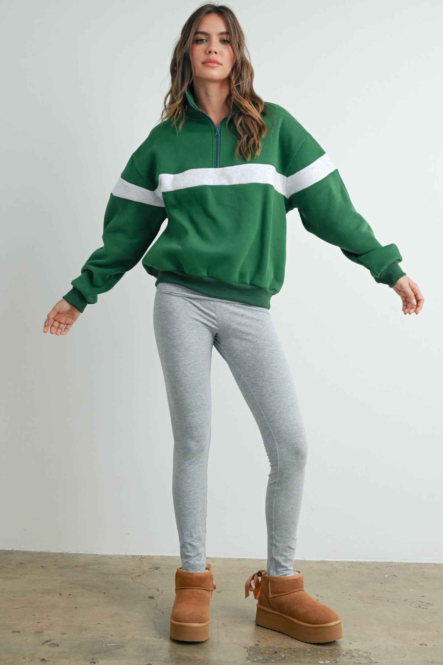 Josie Two-Toned Half Zip Collar Sweatshirt - BMT7535: GREEN / GREY / M