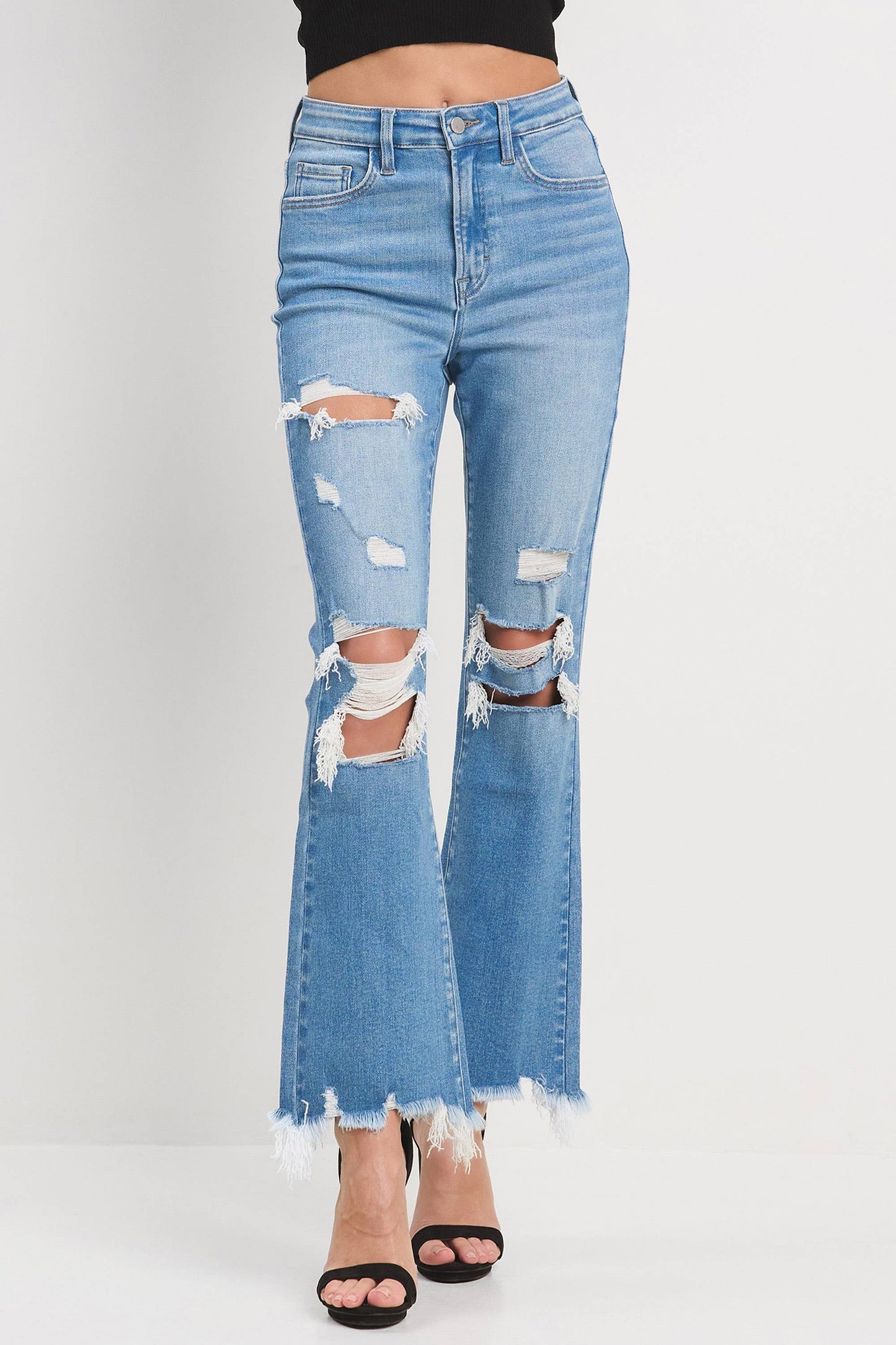 Jelly Brand High Rise Crop Flare with Knee Distress