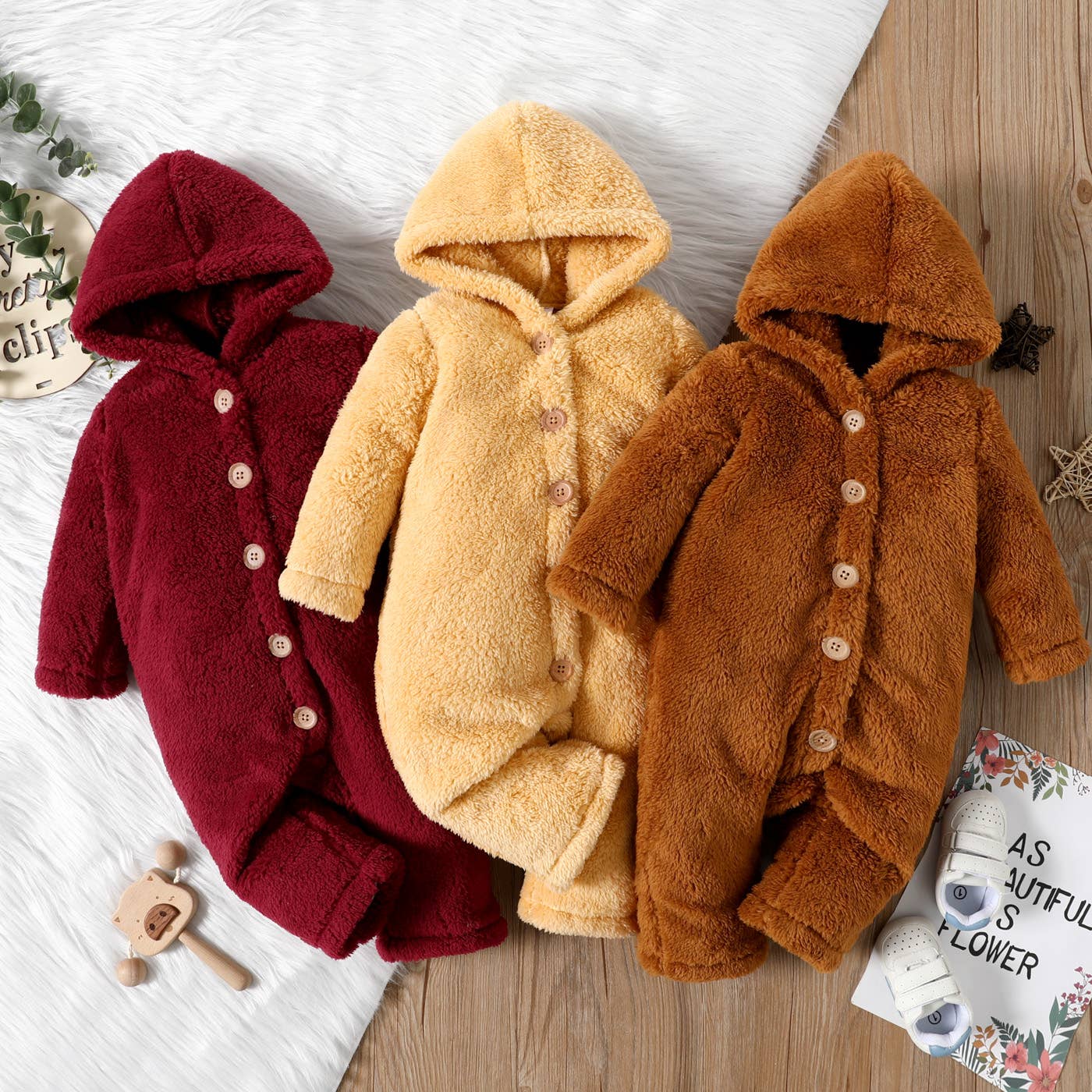 Baby Girl Solid Thickened Fuzzy Long-sleeve Hooded Jumpsuit: Apricot / 3-6 Months