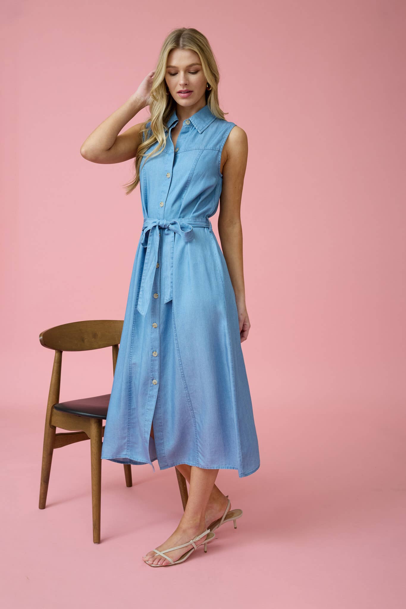 Kendra Belted Chambray Midi Dress