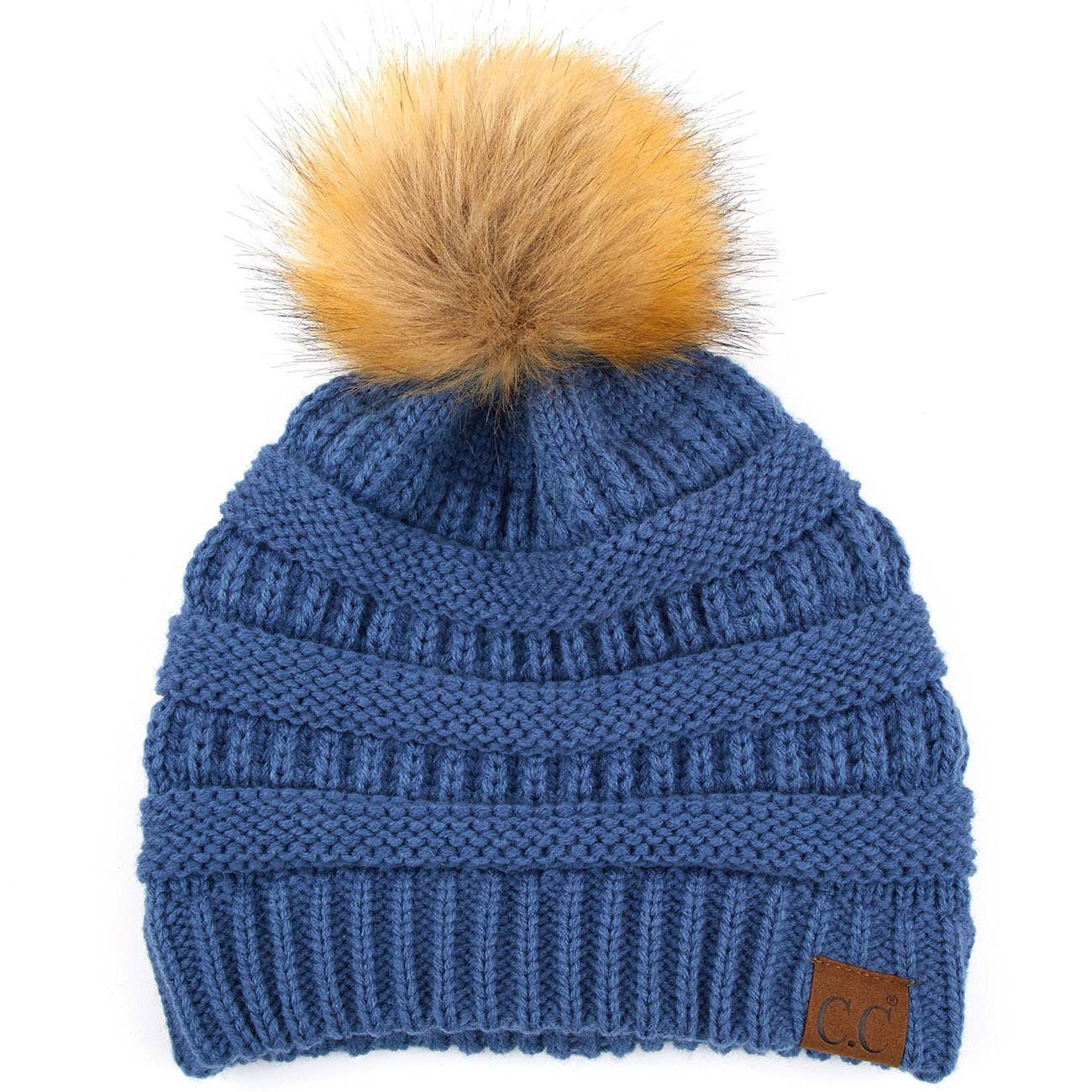 C.C Solid Ribbed Knit Beanie With Pom: Beige