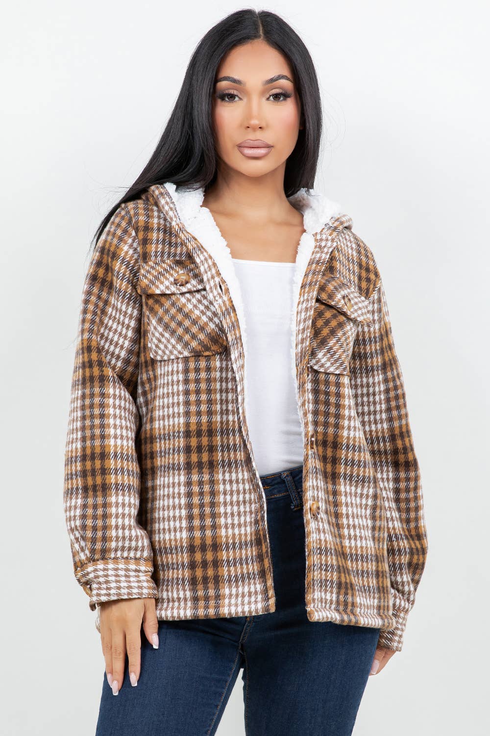 Nicole Plaid Hooded Flannel Shacket With Faux Fur Lining