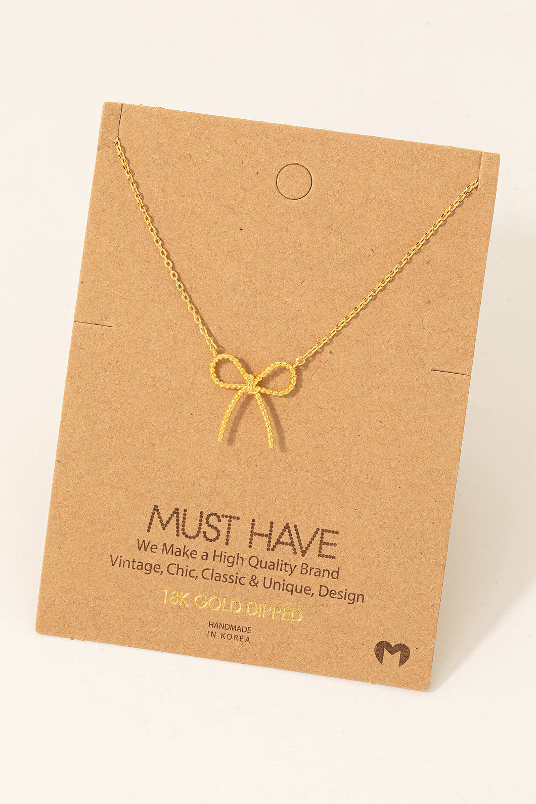 Gold Dipped Textured Ribbon Bow Pendant Chain Necklace: G