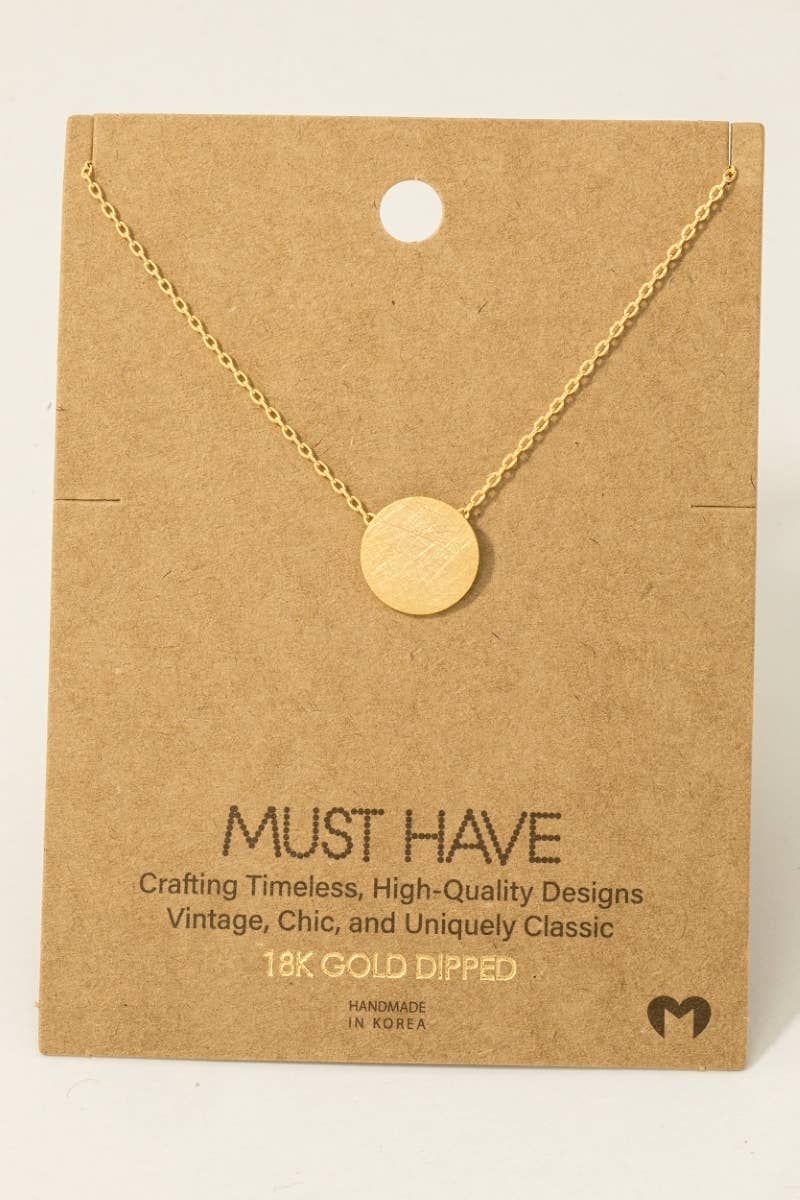 Gold Dipped Brushed Disc Pendant Necklace: G