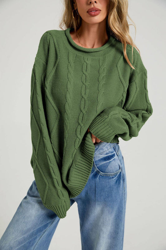 Aubrey Cable Knit Crew Neck Sweater - Green