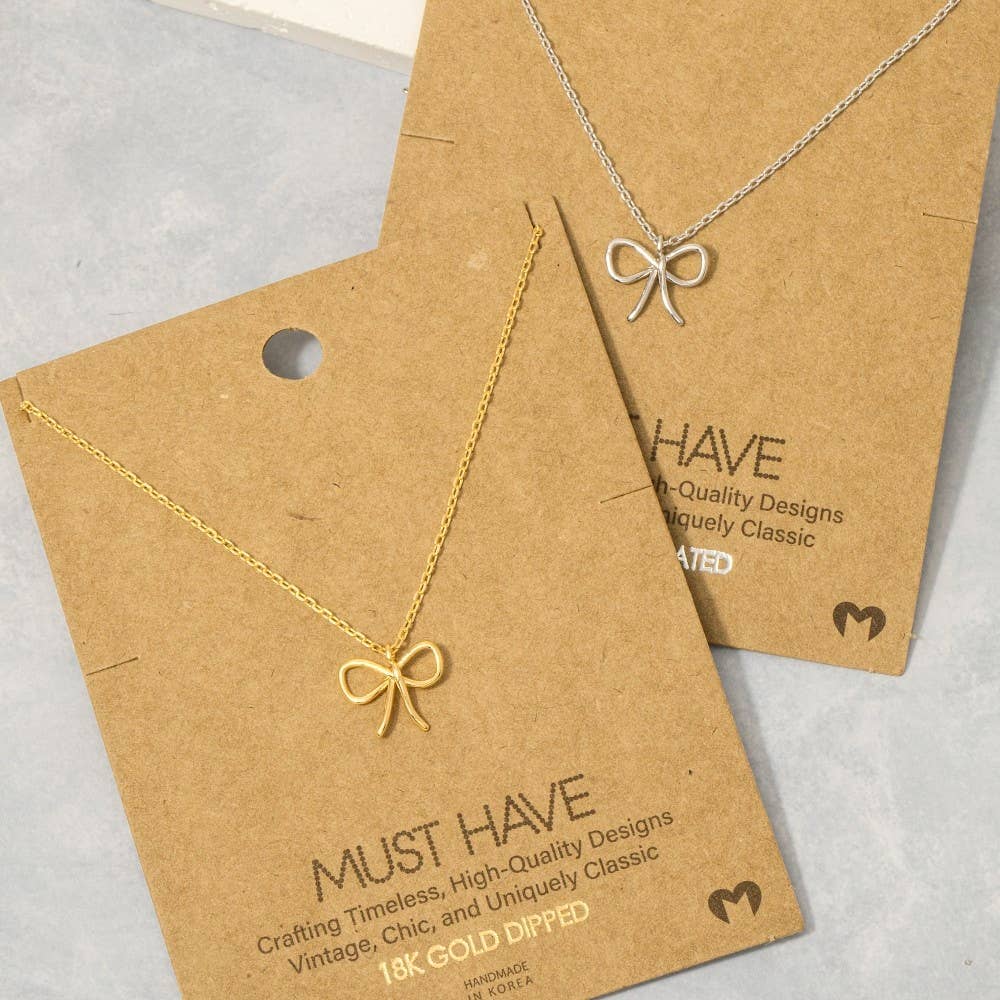 Gold Dipped Wire Ribbon Bow Pendant Necklace: G