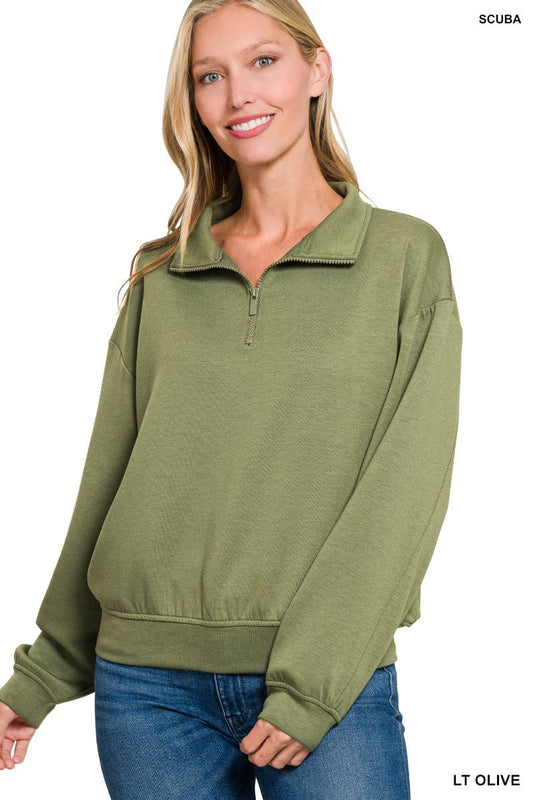 Izzy Scuba Half Zip Pullover: Light Olive