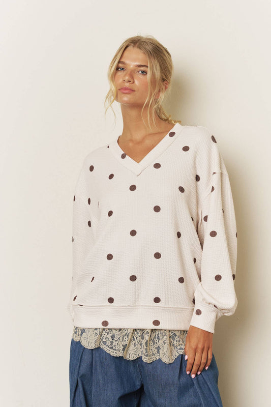 Lizzy Polka Dot Textured Vneck Pullover - Cream