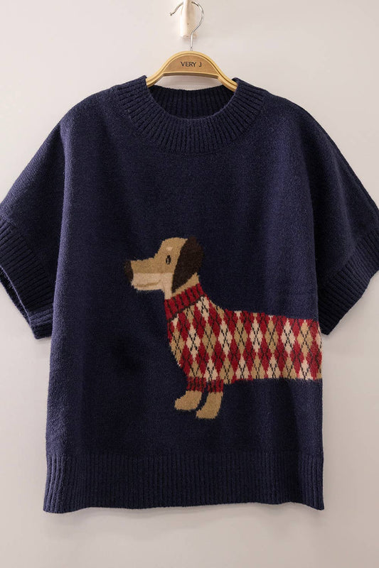 Dog Graphic Short Sleeve Knit: Navy