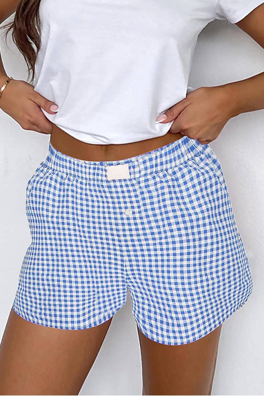 Blue Gingham Print High Waist Shorts
