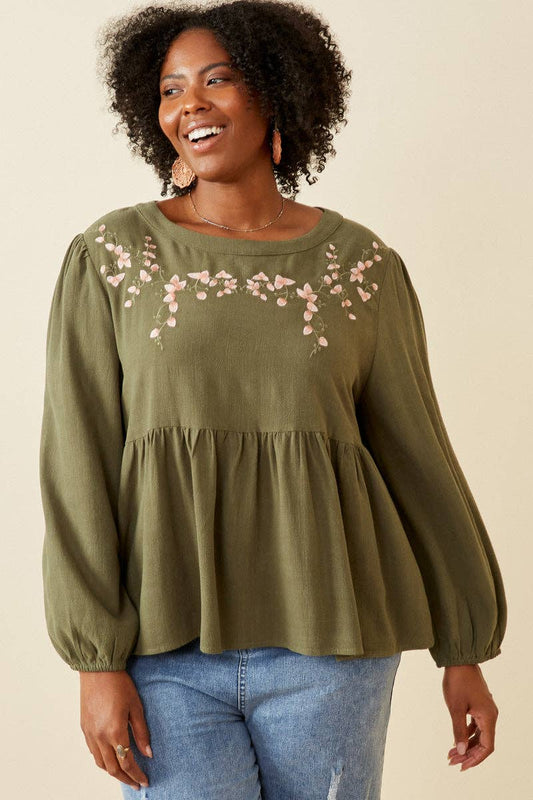 Plus Angela Embroidered Peplum Top - Olive
