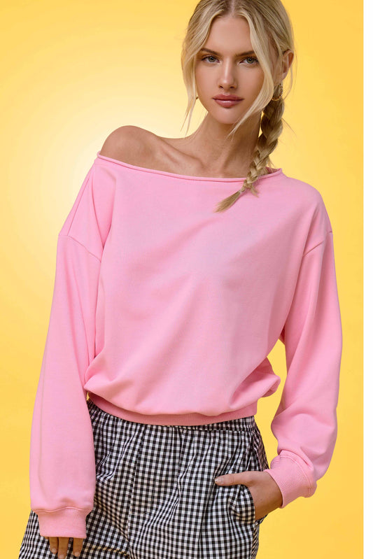 Kylee Raw Edge Boat Neck Sweatshirt: Strawberry Milk
