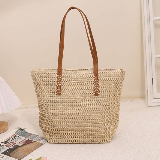 Woven Straw Tote Bag: Beige