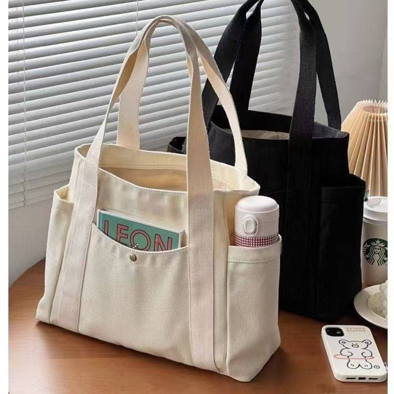 Medium Capacity Canvas Multi Compartment Tote Bag: Black