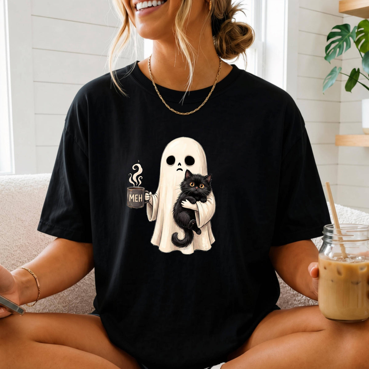 Comfort Colors Meh Ghost Black Cat T-Shirt, Ghost Coffee Meh: Pepper / S