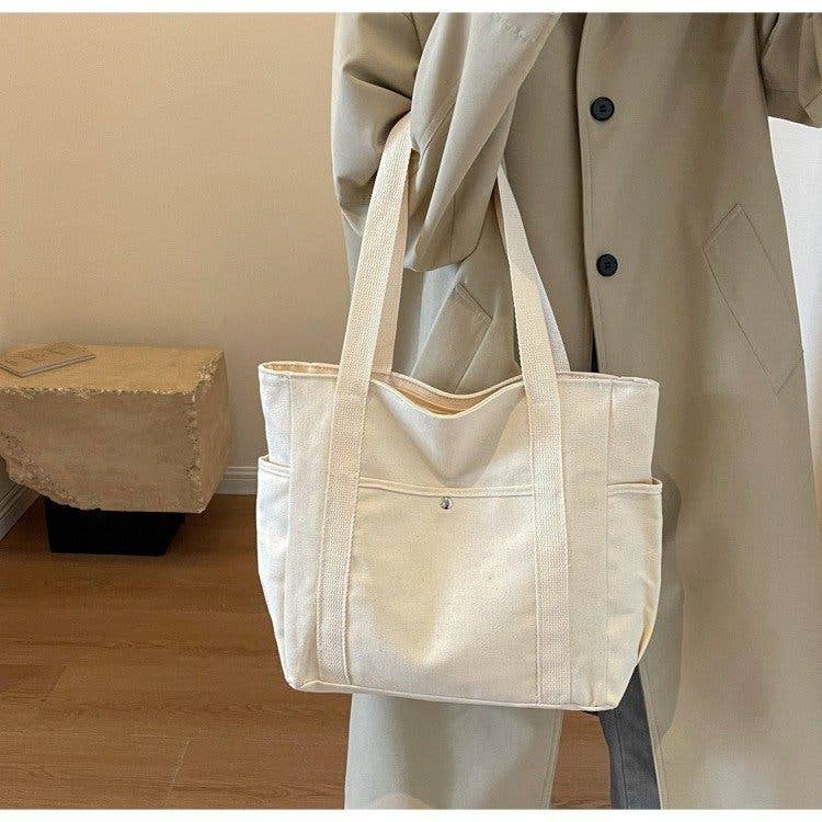 Medium Capacity Canvas Multi Compartment Tote Bag: Beige